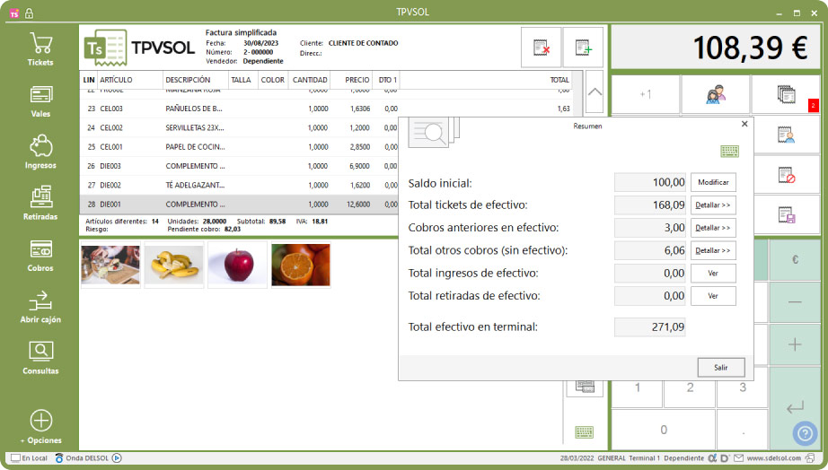 Pantalla de TPVSOL: factura simplificada con resumen de caja y cobros en el terminal